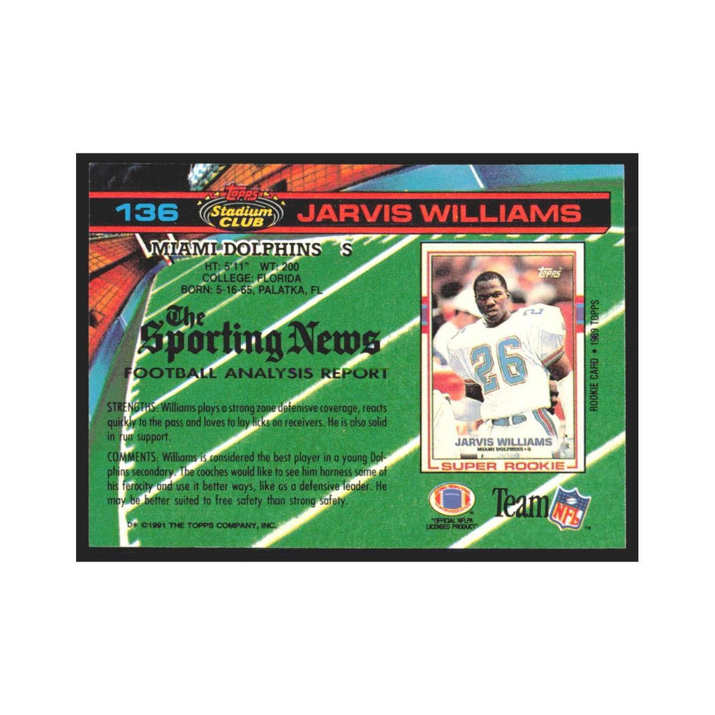 1991 Stadium Club Jarvis Williams Dolphins #136