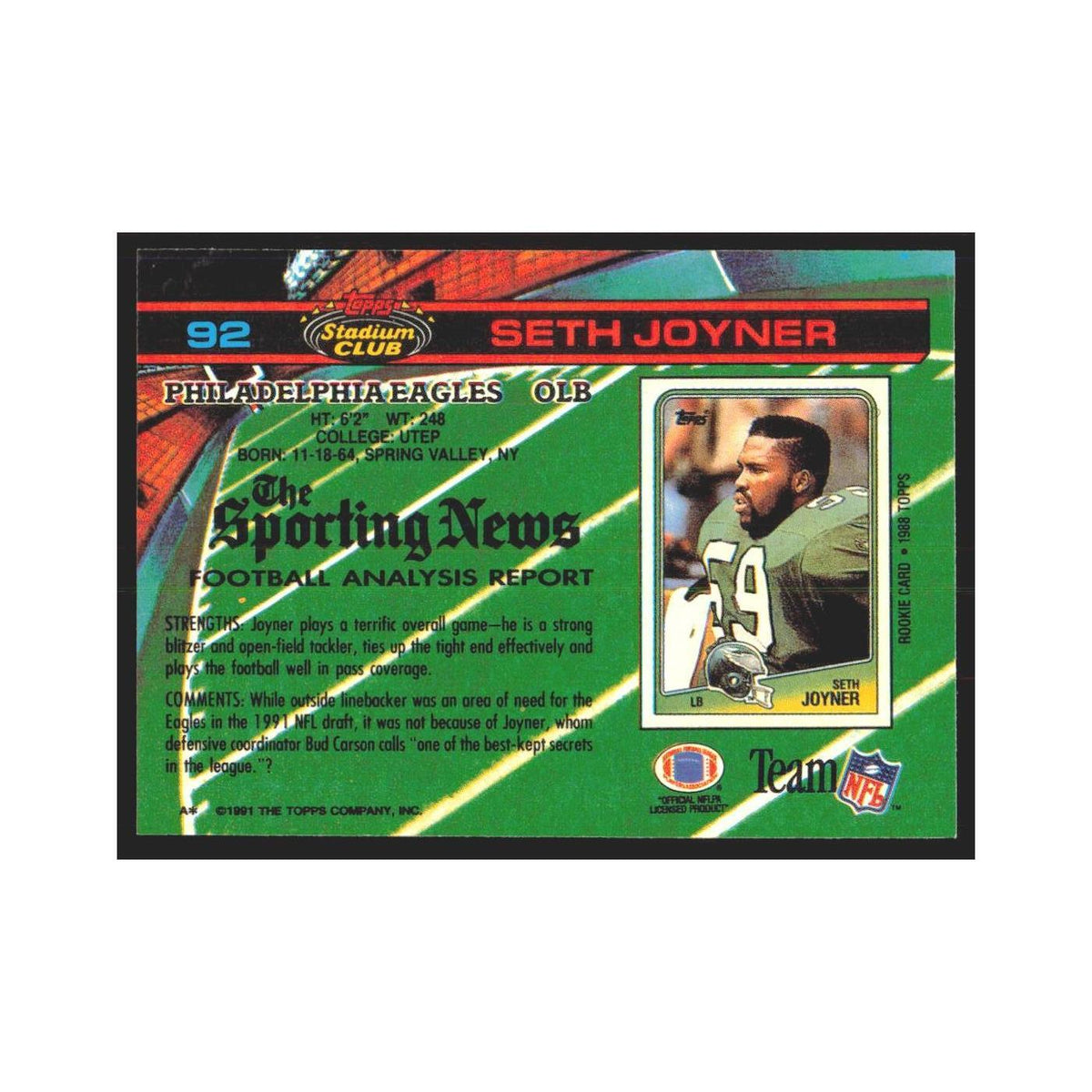 1991 Stadium Club Seth Joyner Eagles #92