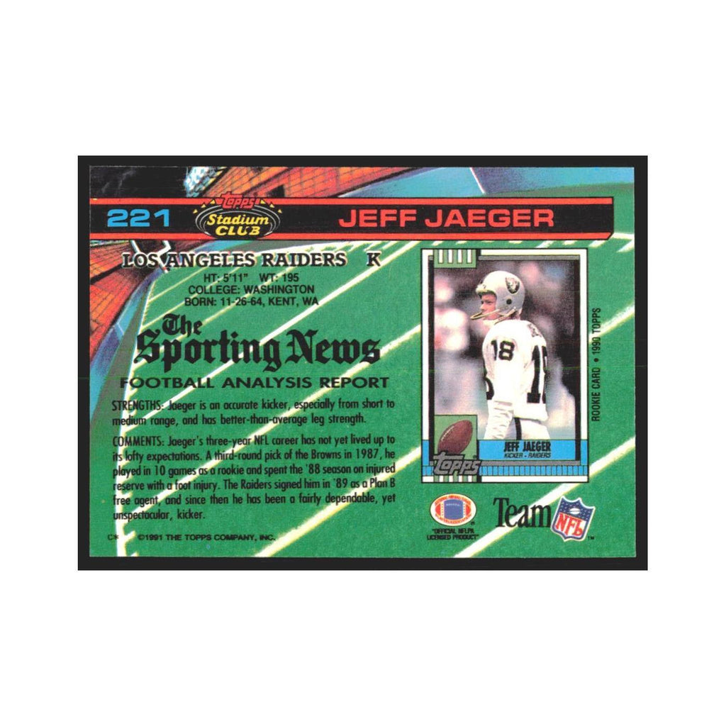 1991 Stadium Club Jeff Jaeger Los Angeles Raiders #221