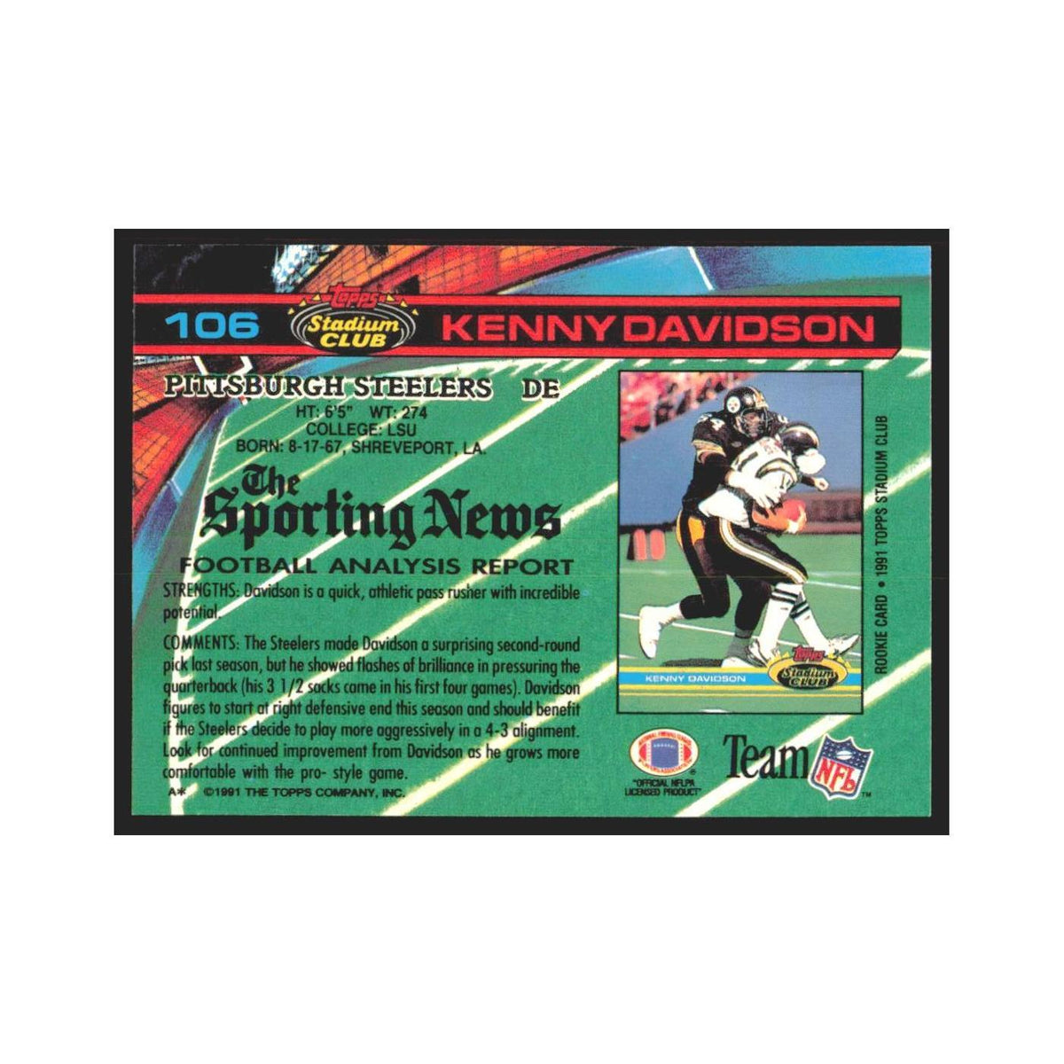 1991 Stadium Club Kenny Davidson Steelers #106