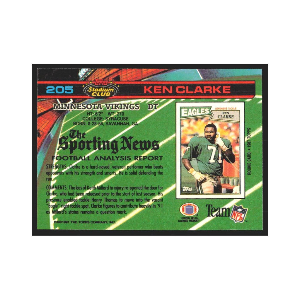 1991 Stadium Club Ken Clarke Vikings #205