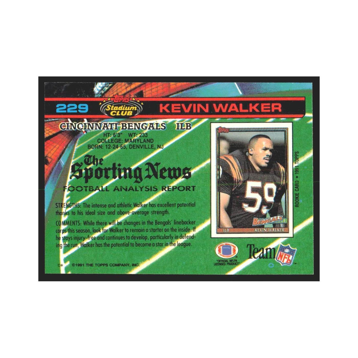 1991 Stadium Club Kevin Walker Bengals #229