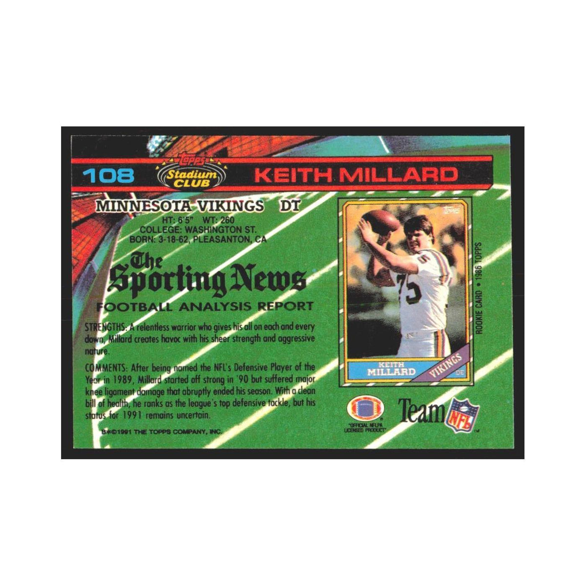 1991 Stadium Club Keith Millard Vikings #108