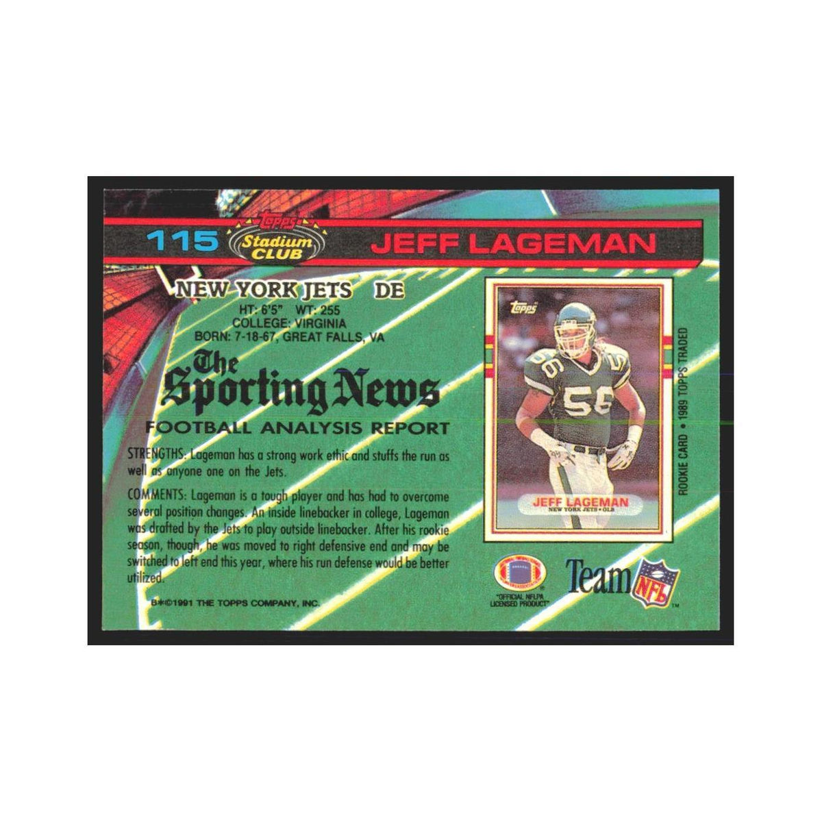 1991 Stadium Club Jeff Lageman Jets #115