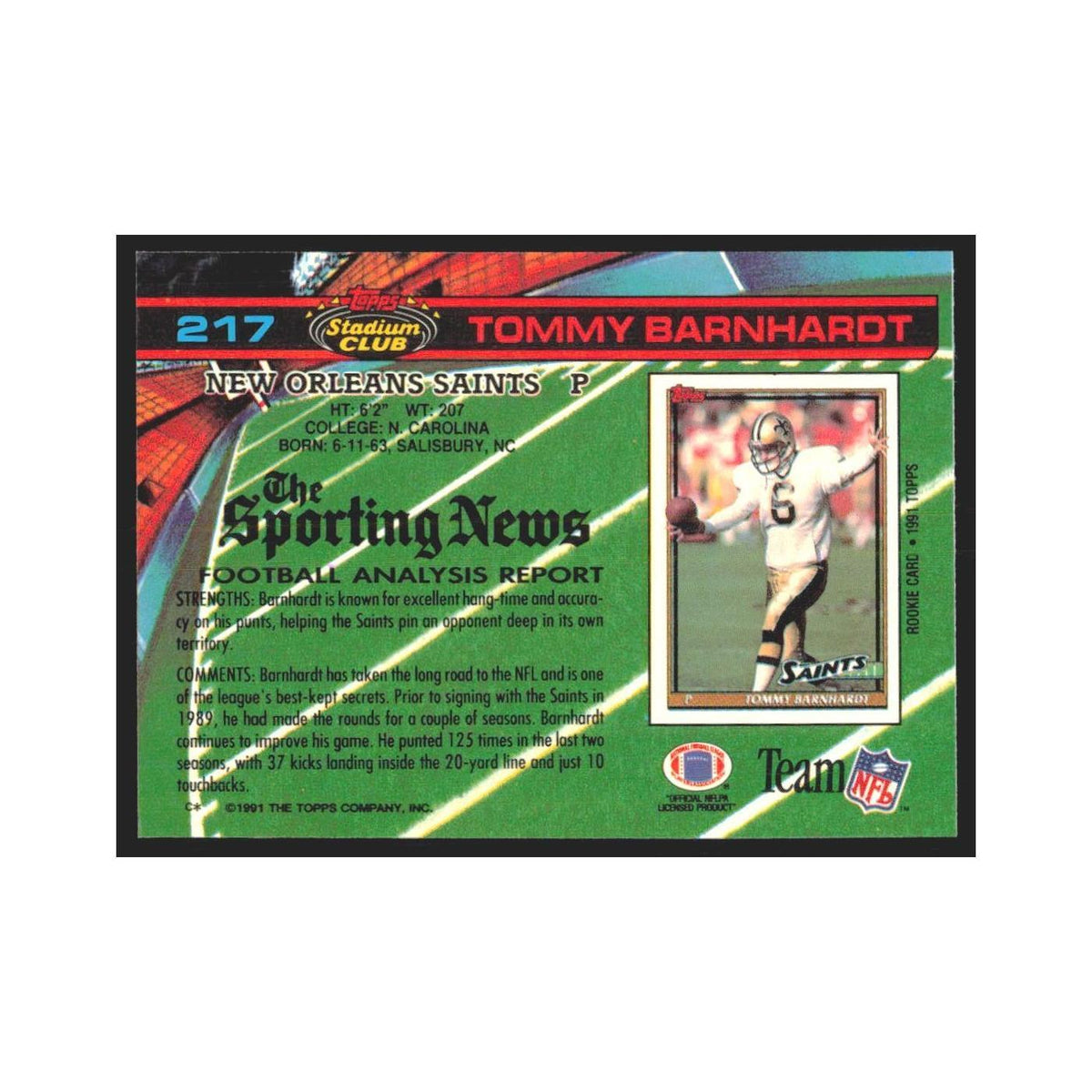 1991 Stadium Club Tommy Barnhardt Saints #217