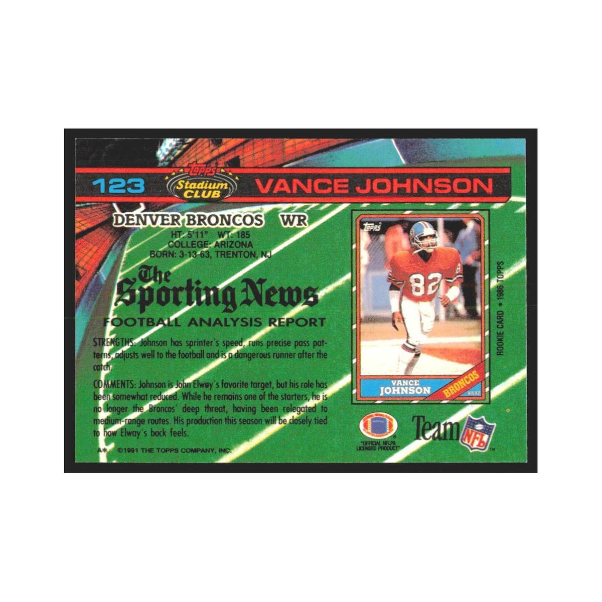 1991 Stadium Club Vance Johnson Broncos #123