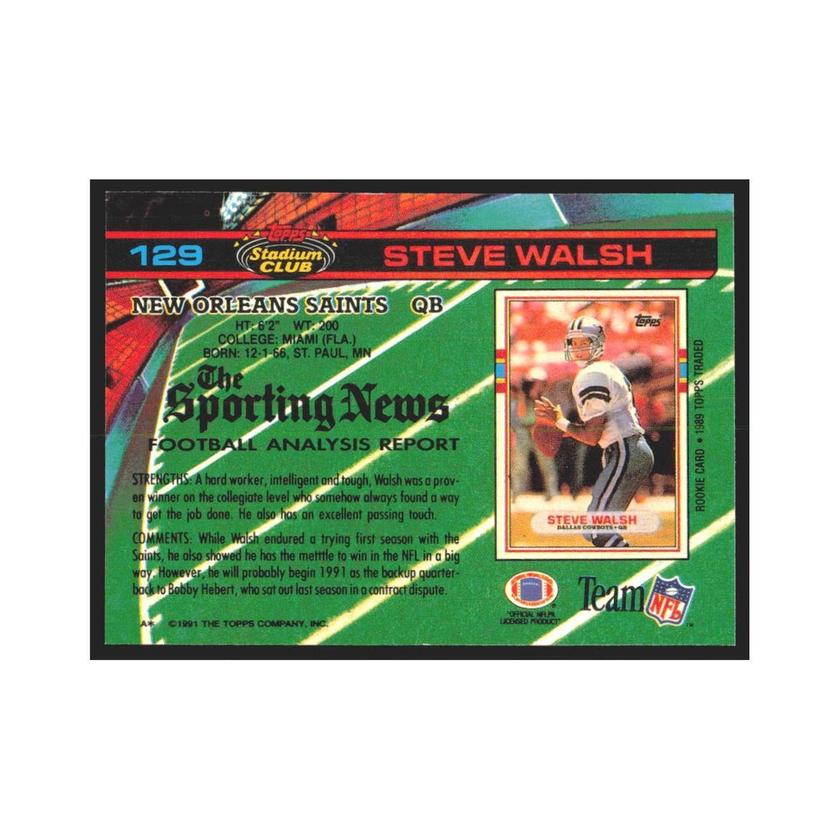 1991 Stadium Club Steve Walsh Saints #129