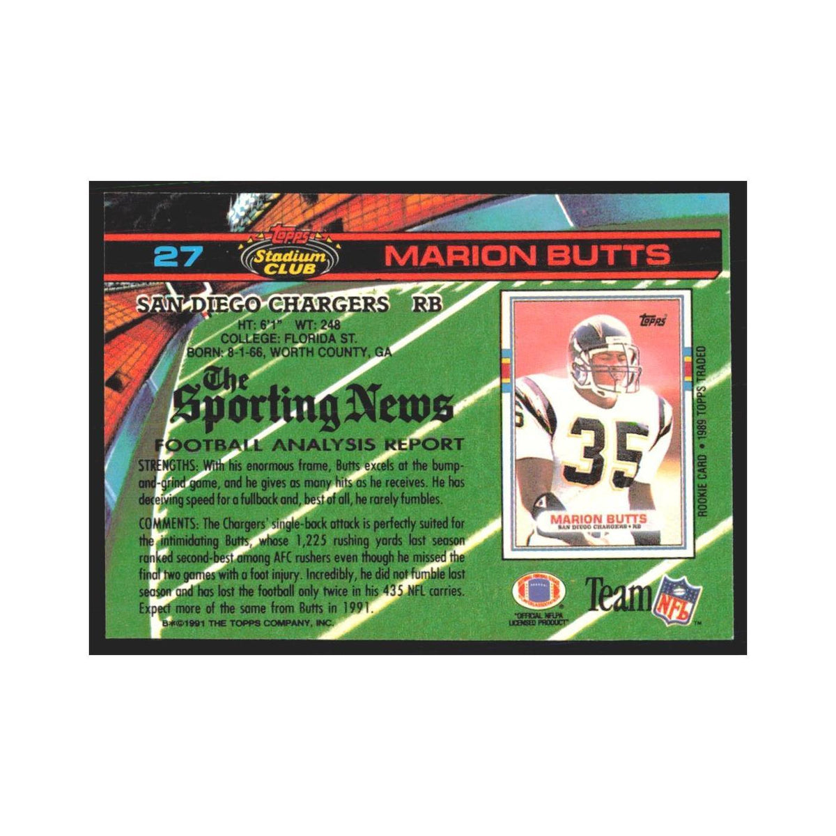 1991 Stadium Club Marion Butts San Diego Chargers #27