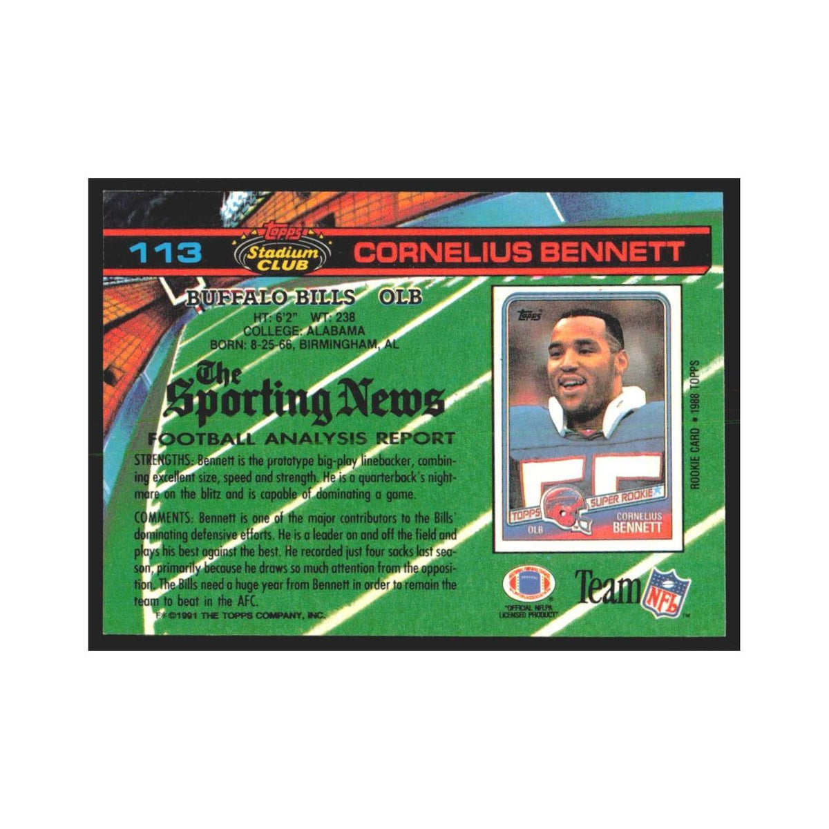 1991 Stadium Club Cornelius Bennett Bills #113