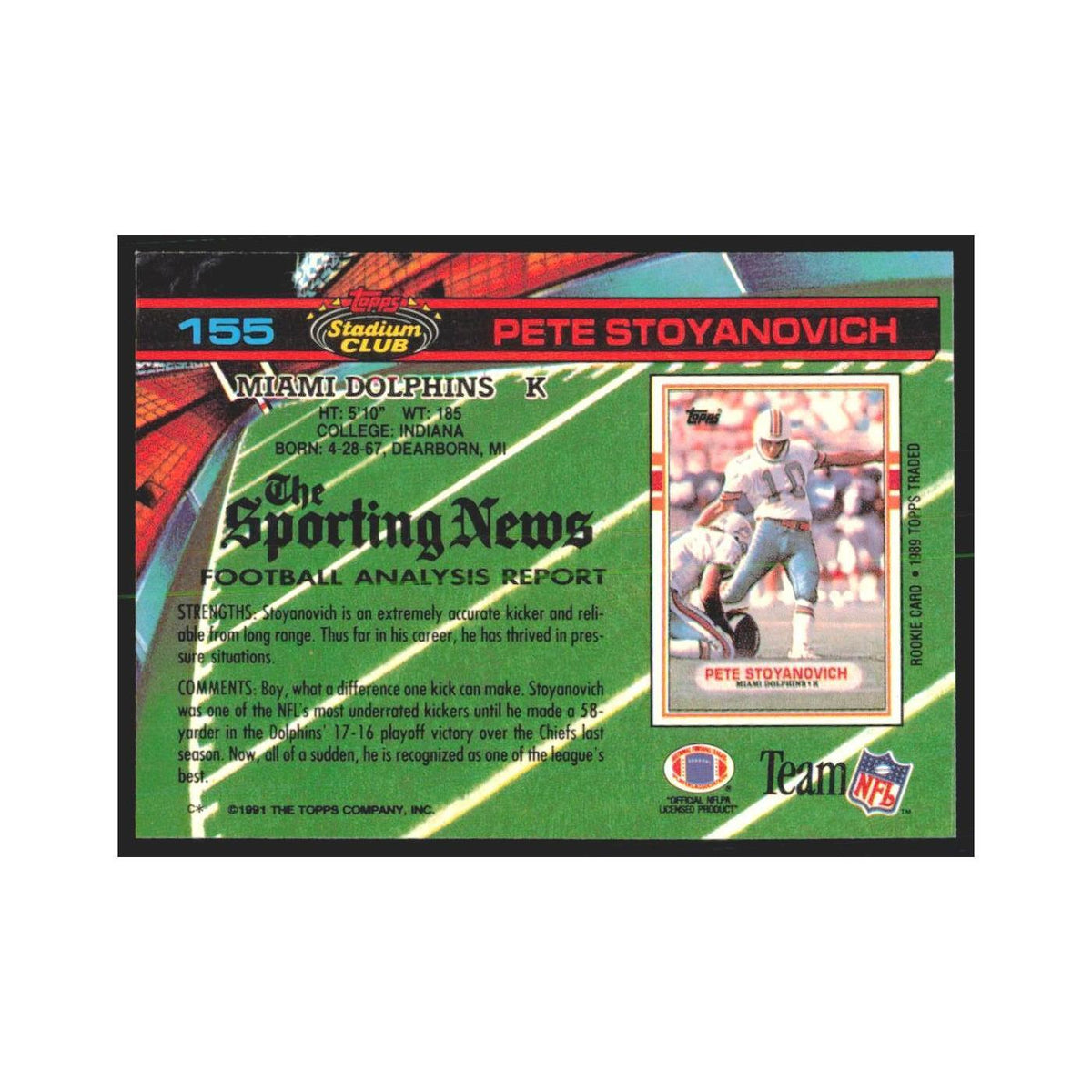 1991 Stadium Club Pete Stoyanovich Dolphins #155