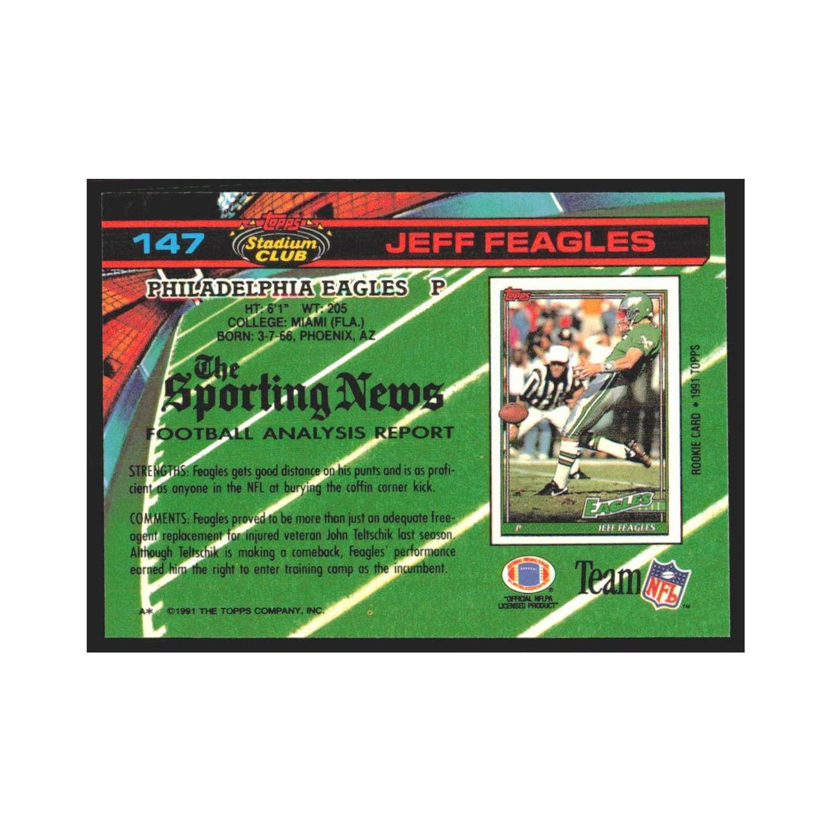 1991 Stadium Club Jeff Feagles Eagles #147