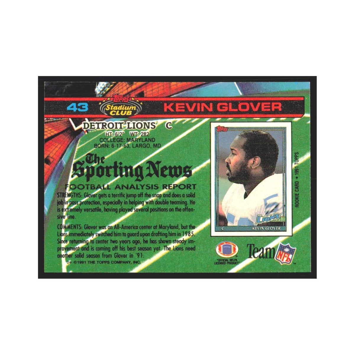 1991 Stadium Club Kevin Glover Lions #43