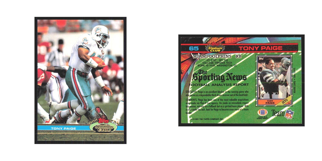 1991 Stadium Club Tony Paige Dolphins #65