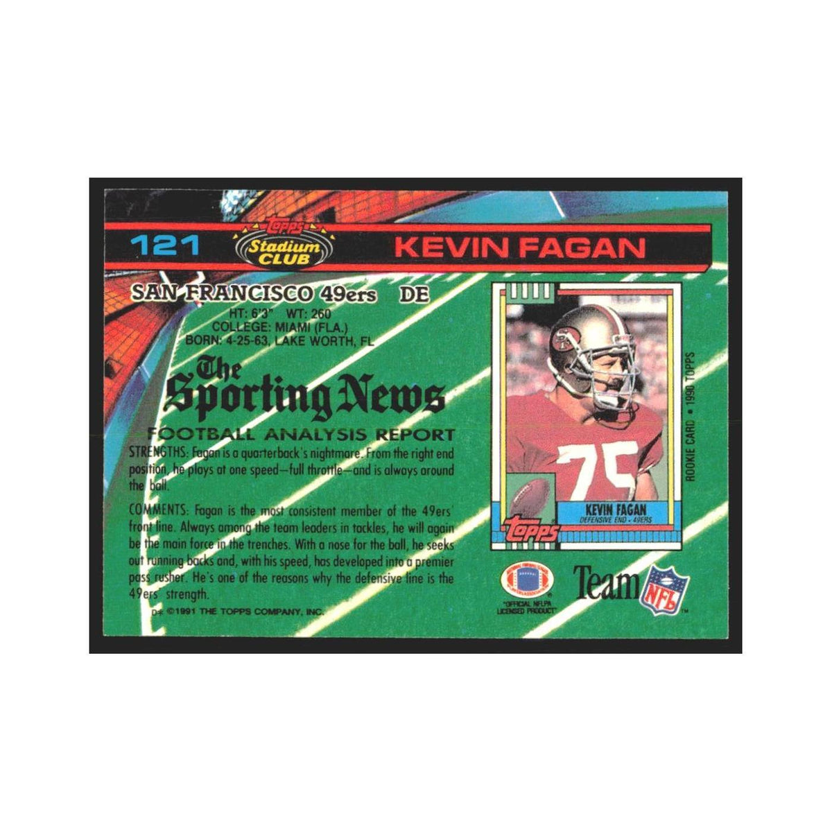 1991 Stadium Club Kevin Fagan 49ers #121