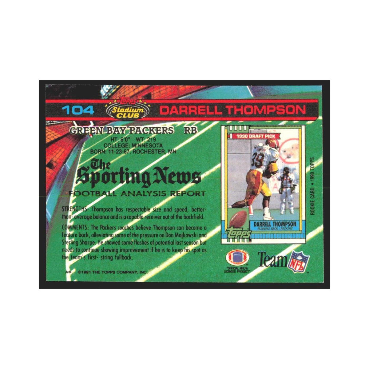 1991 Stadium Club Darrell Thompson Packers #104