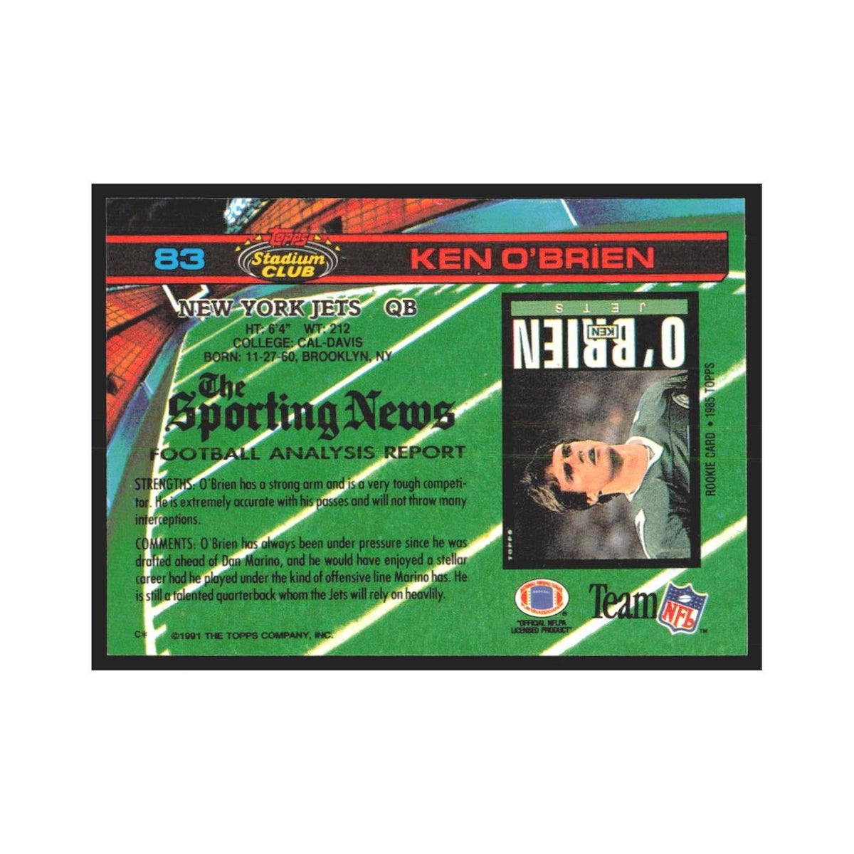 1991 Stadium Club Ken O'Brien Jets #83