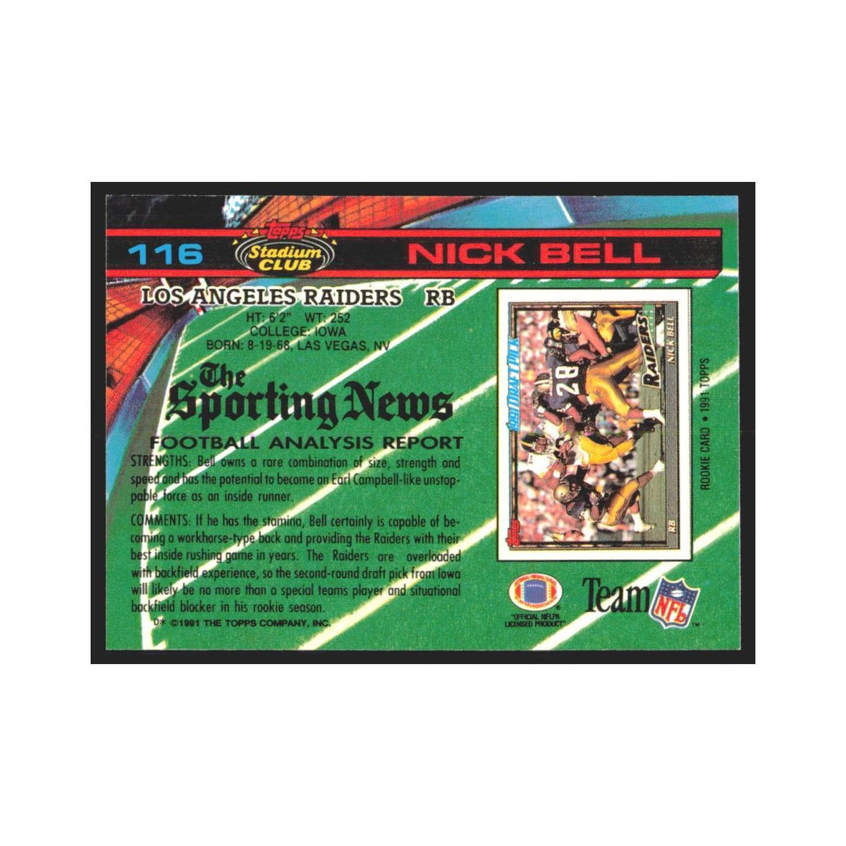 1991 Stadium Club Nick Bell Los Angeles Raiders #116