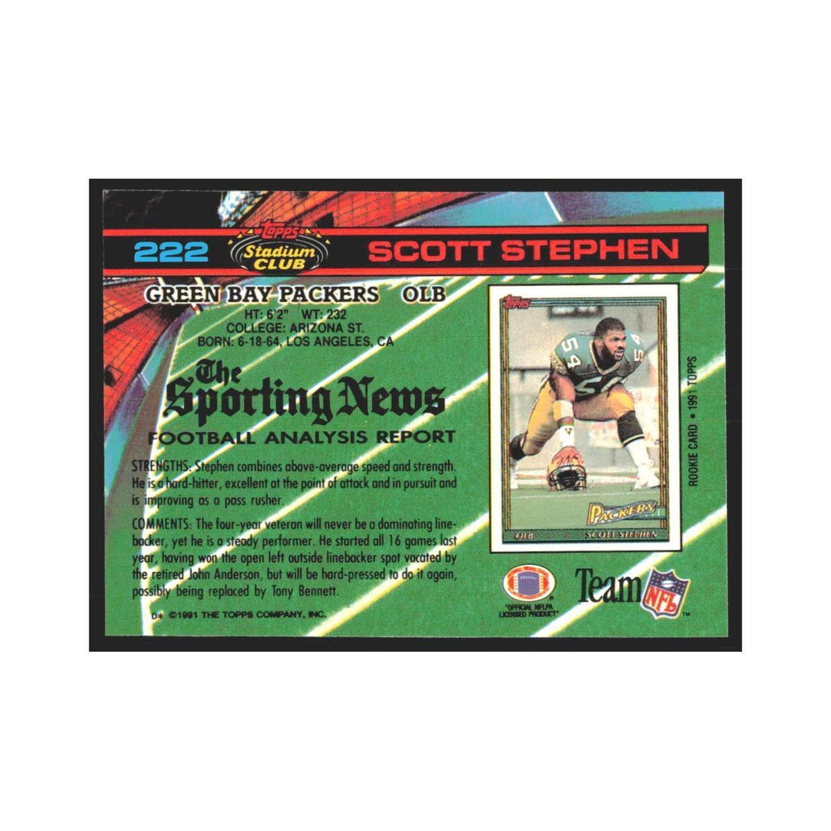 1991 Stadium Club Scott Stephen Packers #222