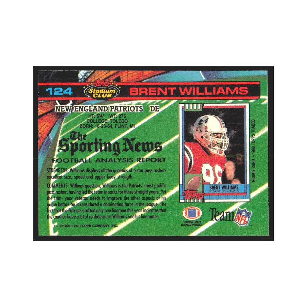 1991 Stadium Club Brent Williams Patriots #124