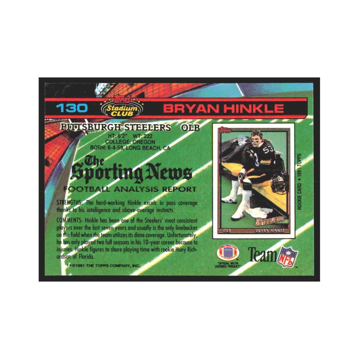1991 Stadium Club Bryan Hinkle Steelers #130