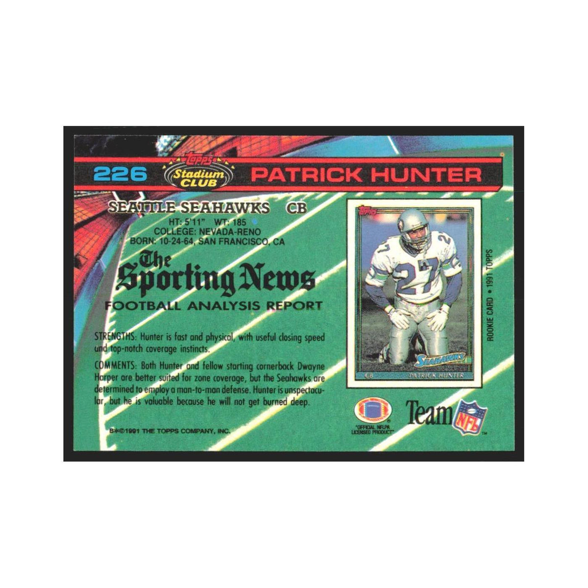 1991 Stadium Club Patrick Hunter Seahawks #226