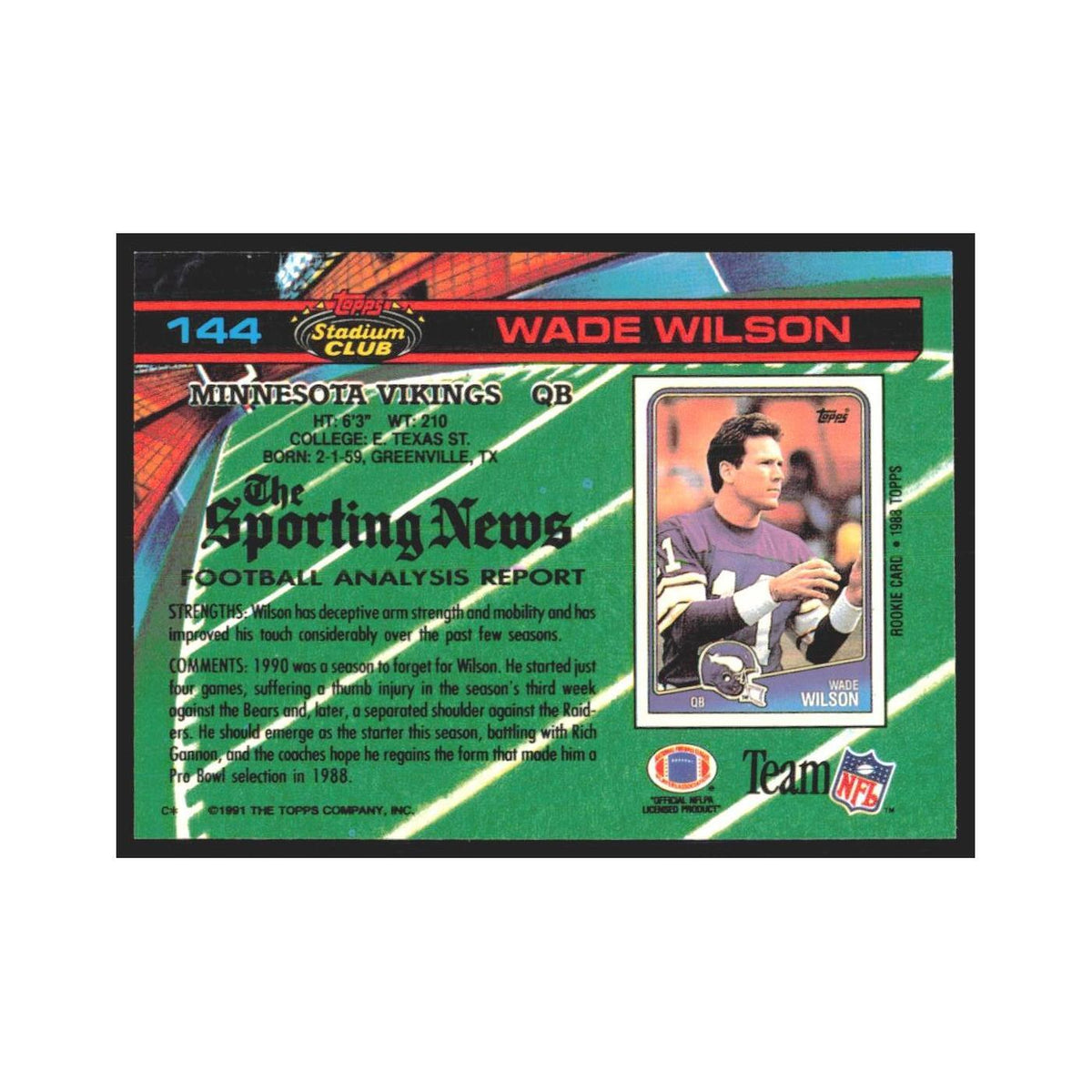 1991 Stadium Club Wade Wilson Vikings #144