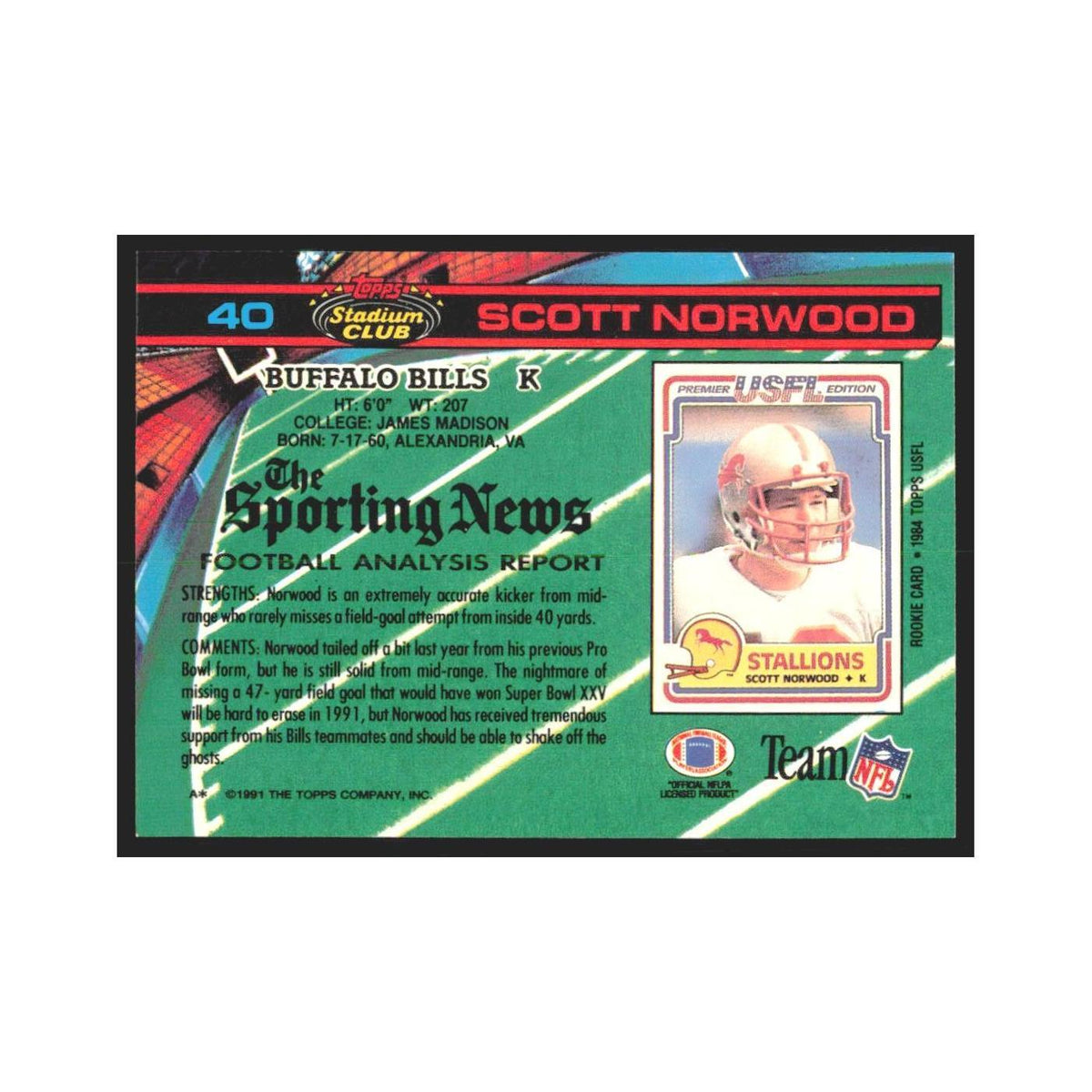1991 Stadium Club Scott Norwood Bills #40