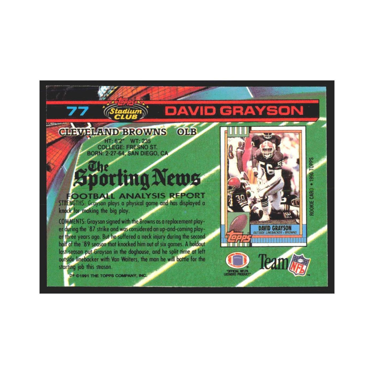 1991 Stadium Club David Grayson Browns #77