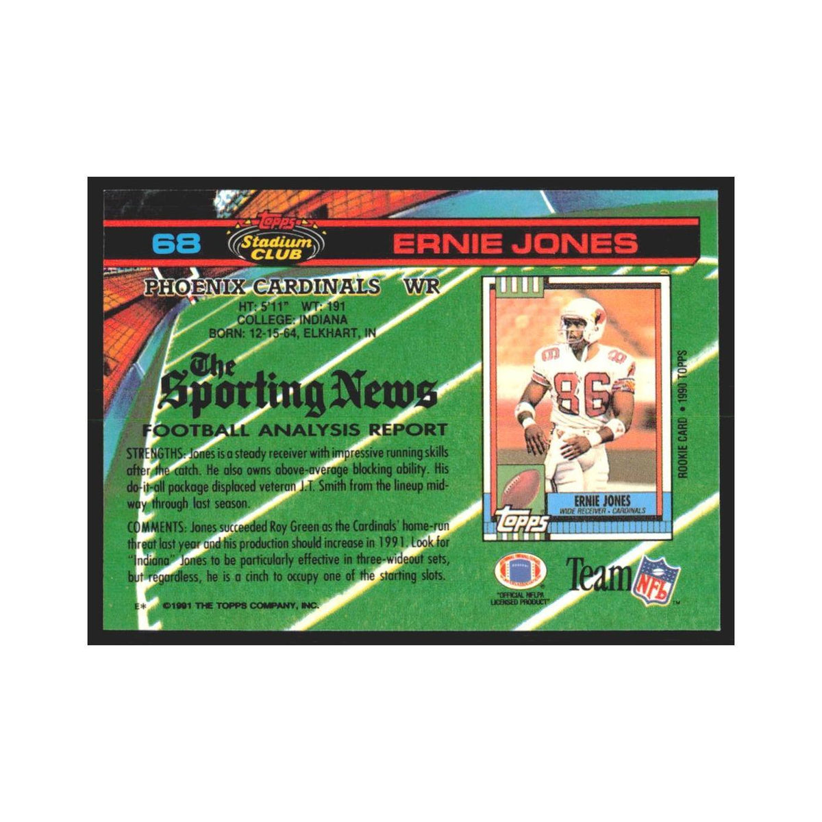 1991 Stadium Club Ernie Jones Phoenix Cardinals #68