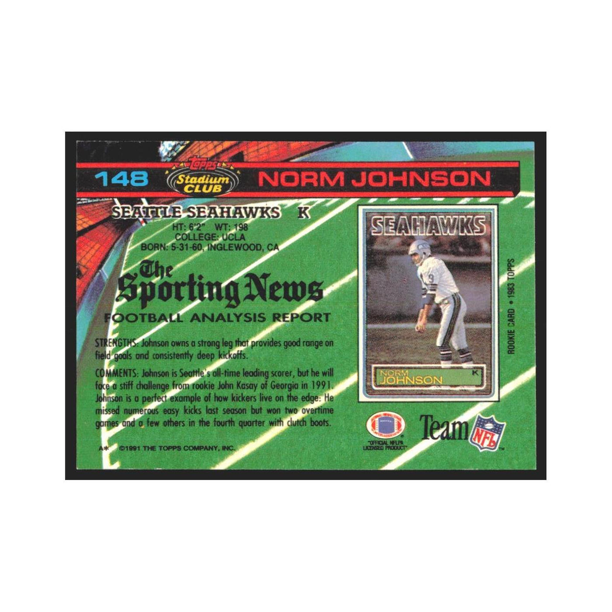 1991 Stadium Club Norm Johnson Seahawks #148