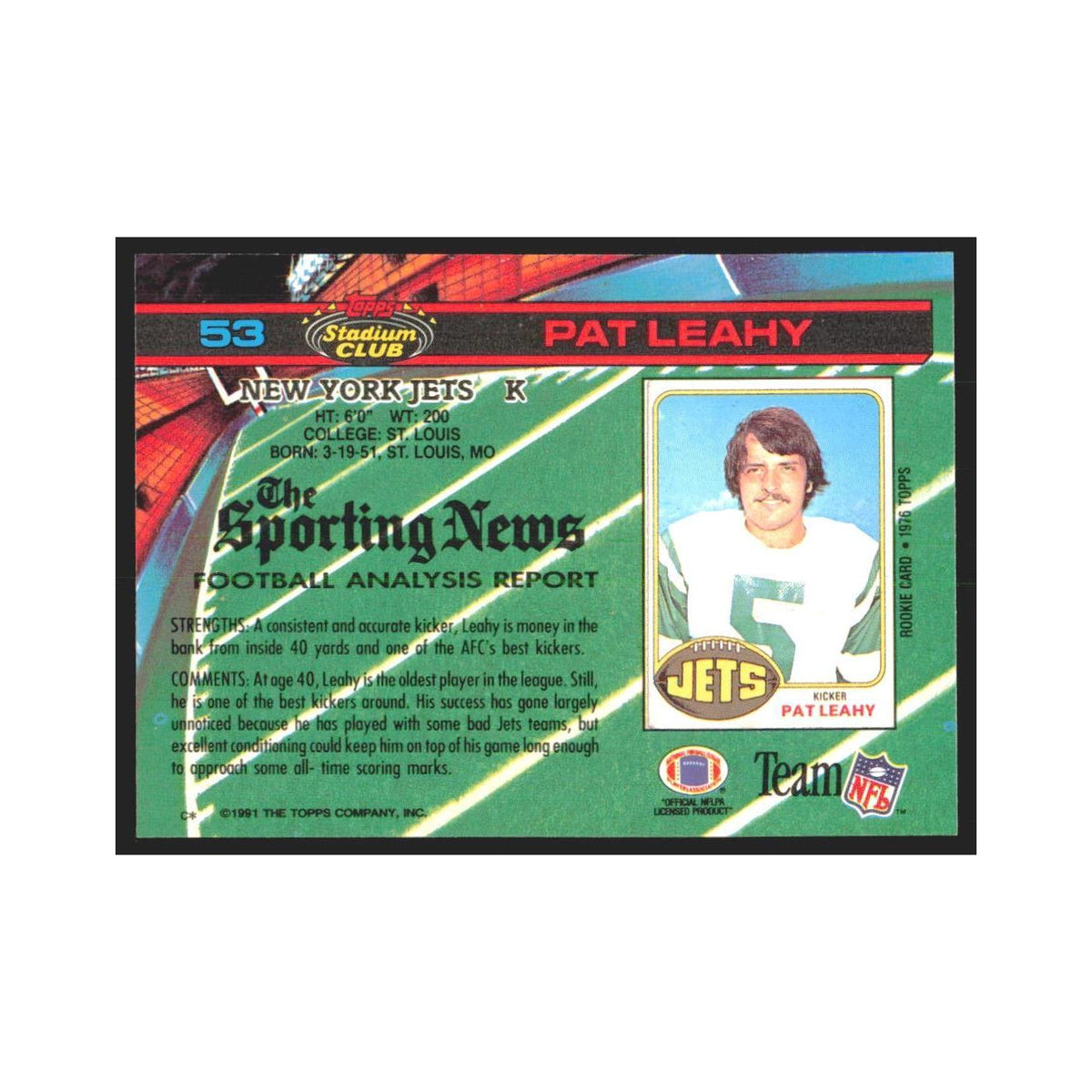 1991 Stadium Club Pat Leahy Jets #53