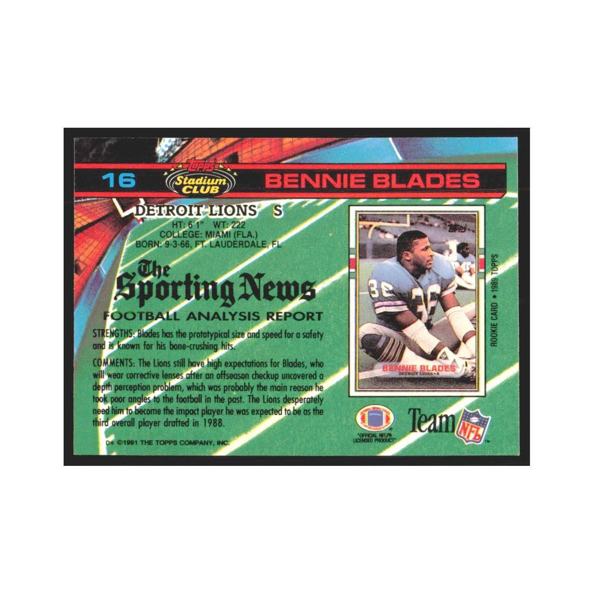 1991 Stadium Club Bennie Blades Lions #16