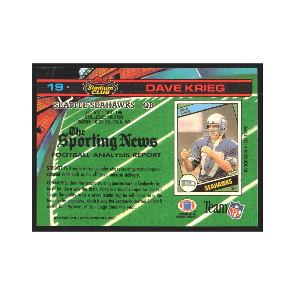 1991 Stadium Club Dave Krieg Seahawks #19