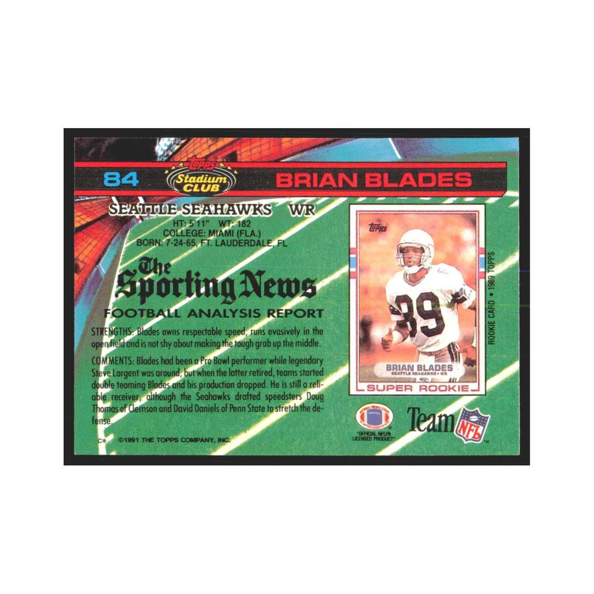 1991 Stadium Club Brian Blades Seahawks #84