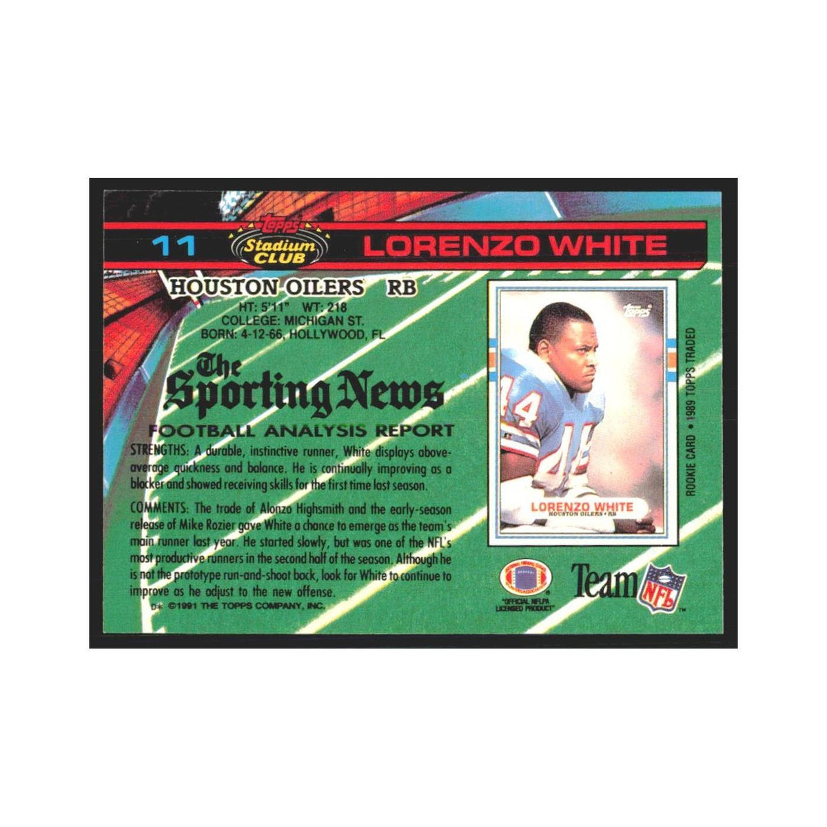 1991 Stadium Club Lorenzo White Houston Oilers #11