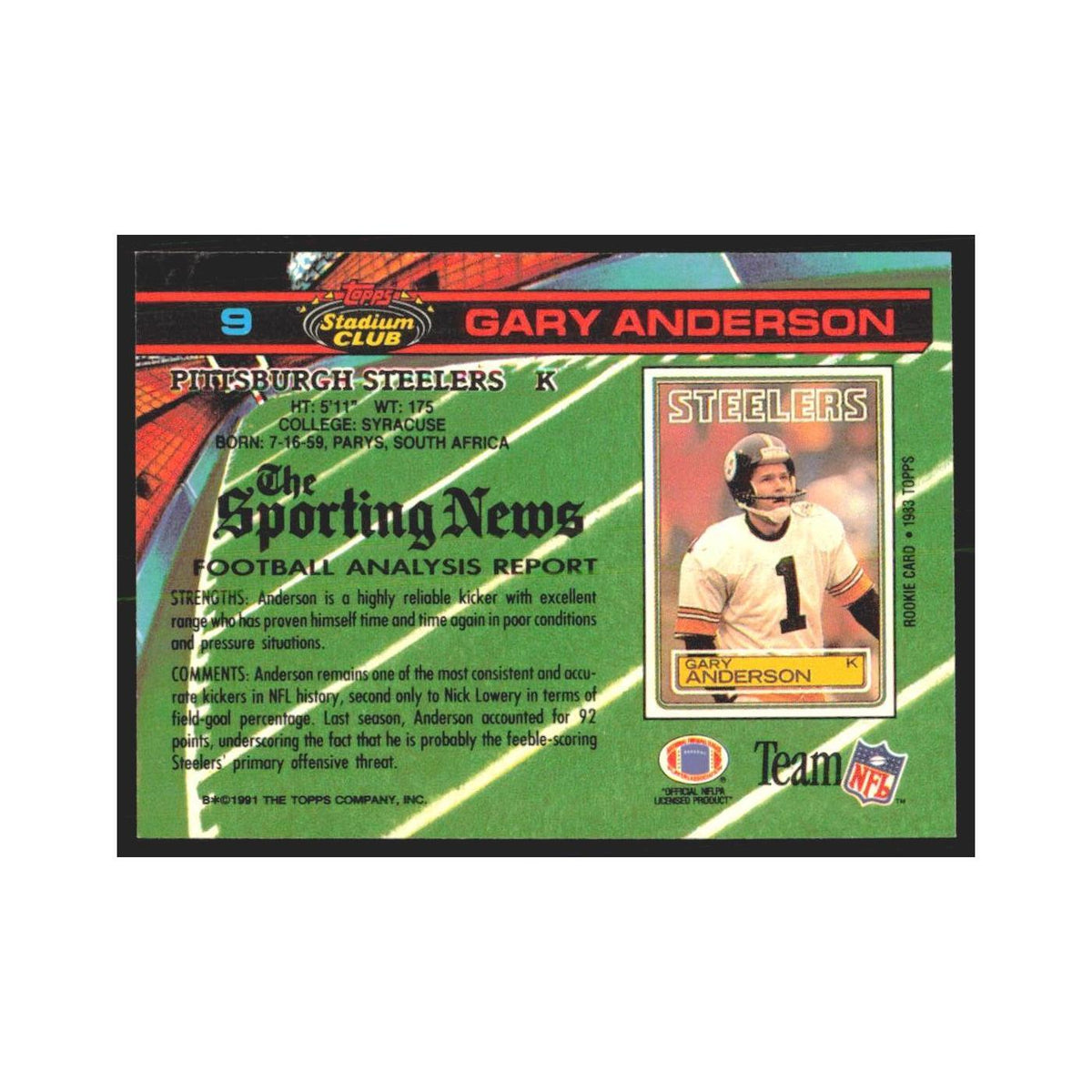 1991 Stadium Club Gary Anderson Steelers #9