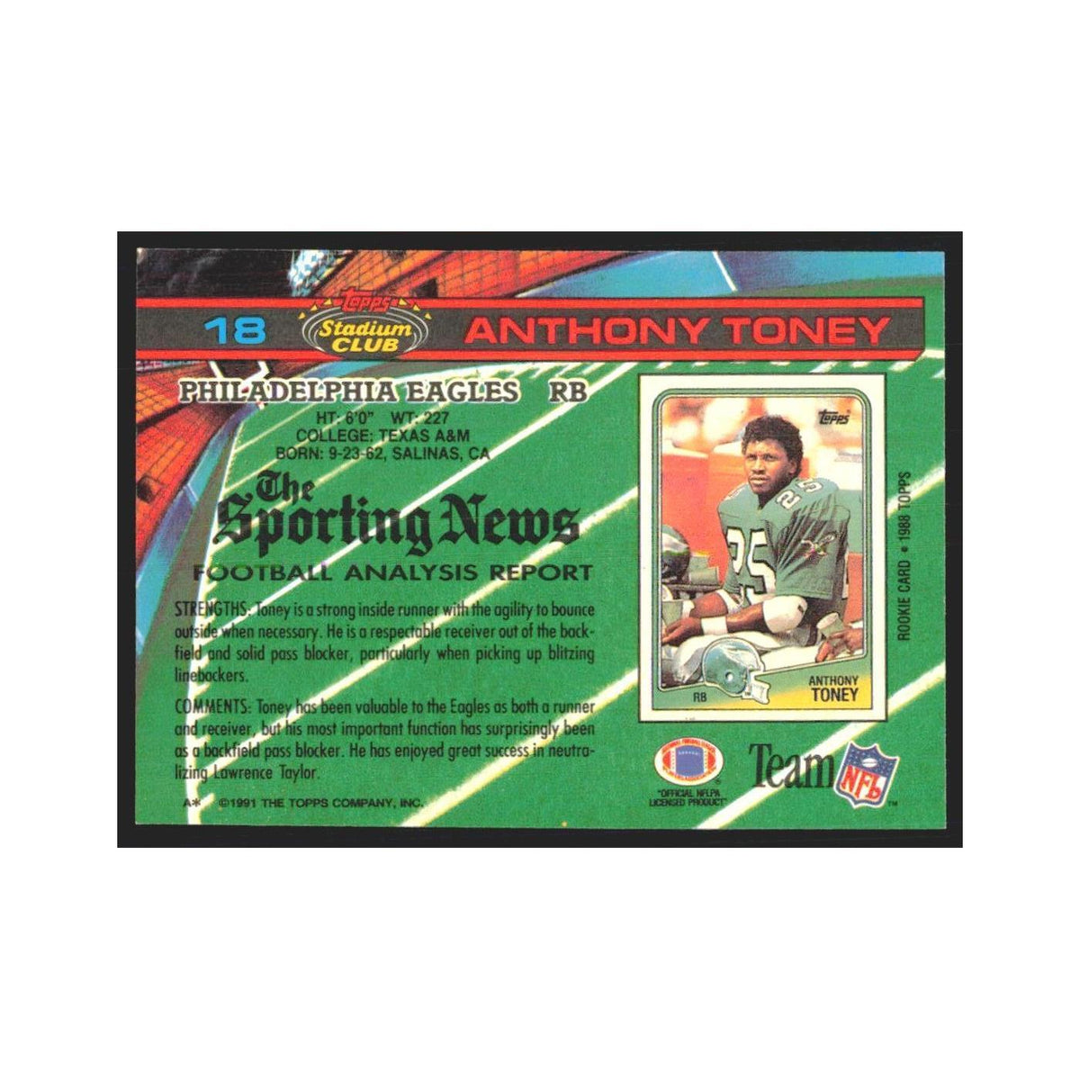 1991 Stadium Club Anthony Toney Eagles #18