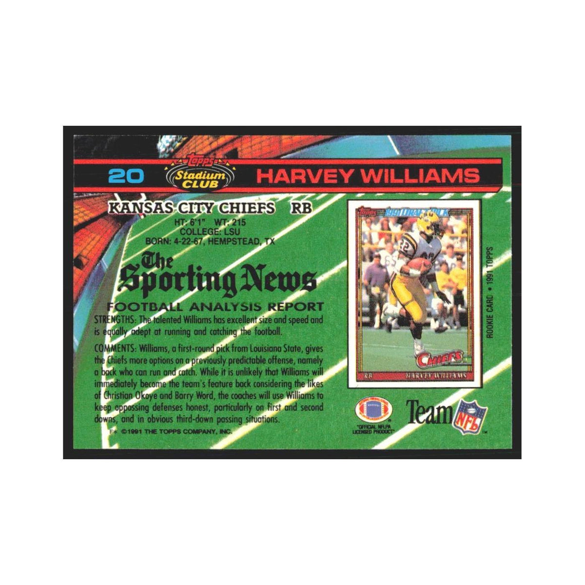 1991 Stadium Club Harvey Williams Chiefs #20