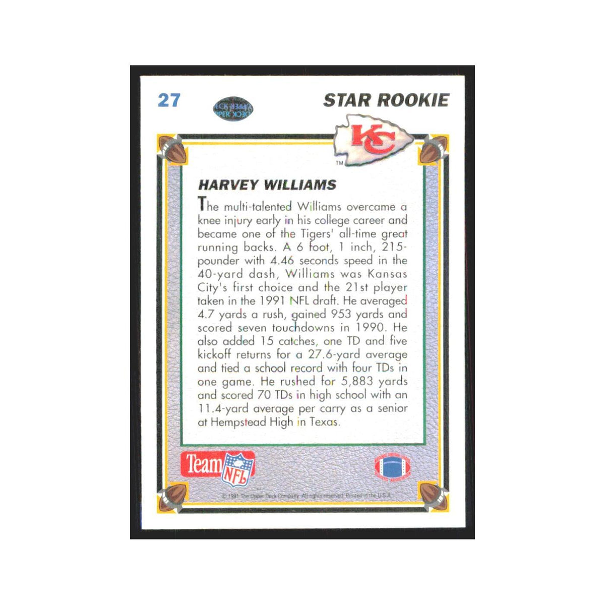 1991 Upper Deck Harvey Williams RC Chiefs #27