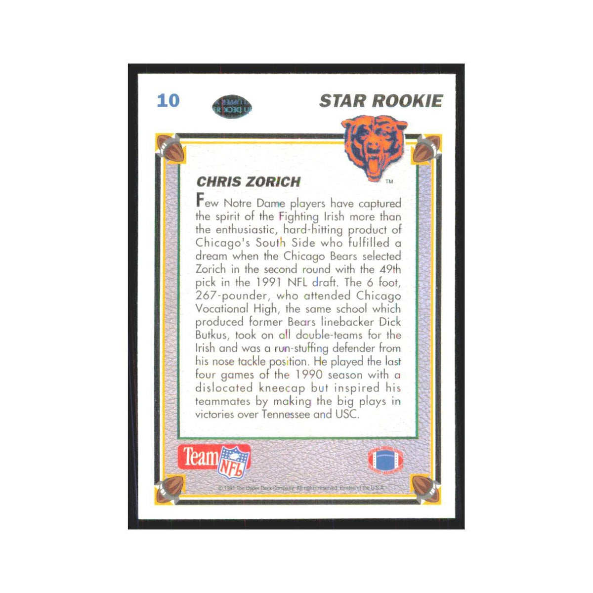 1991 Upper Deck Chris Zorich RC Bears #10