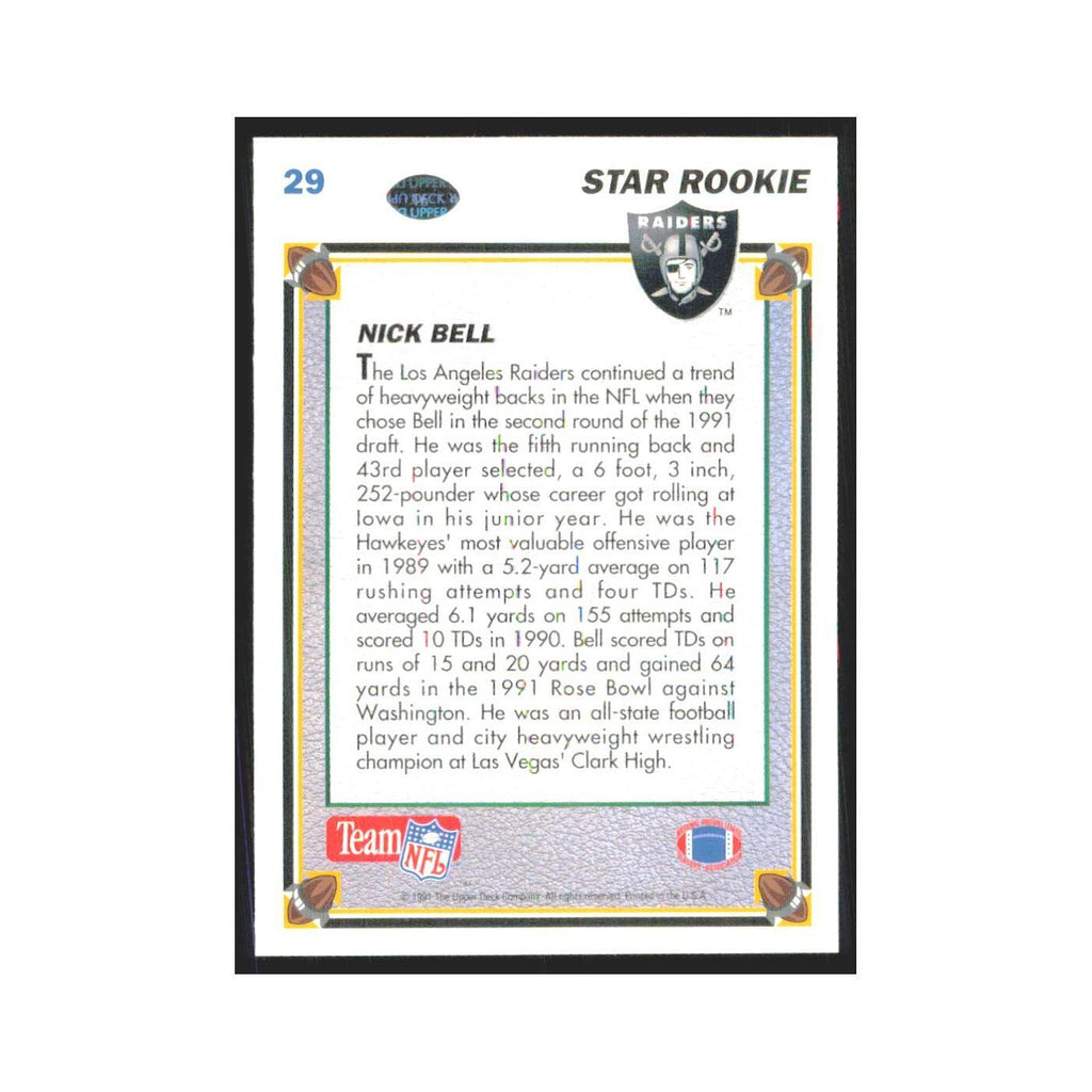 1991 Upper Deck Nick Bell RC Los Angeles Raiders #29