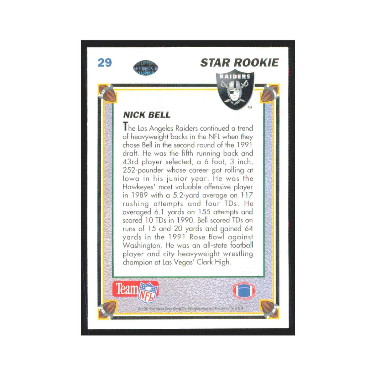 1991 Upper Deck Nick Bell RC Los Angeles Raiders #29
