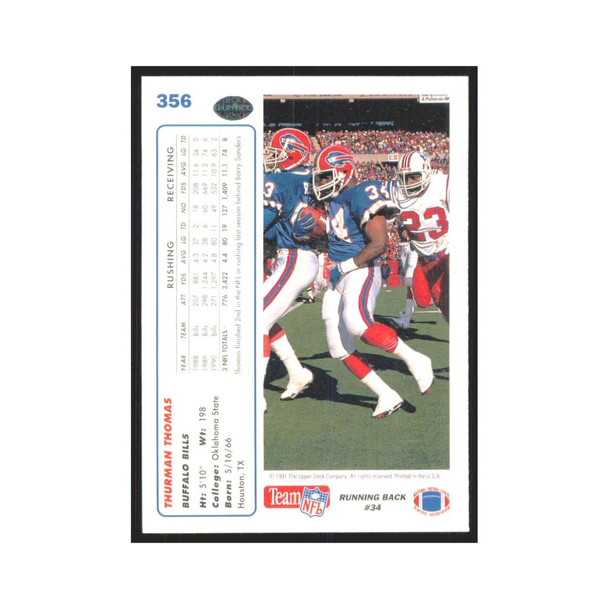 1991 Upper Deck Thurman Thomas Bills #356