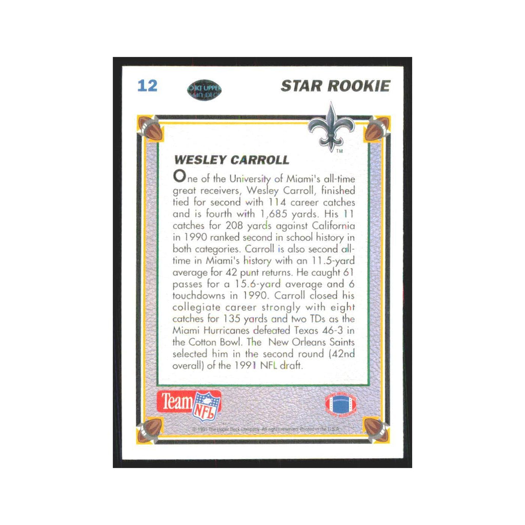 1991 Upper Deck Wesley Carroll RC Saints #12