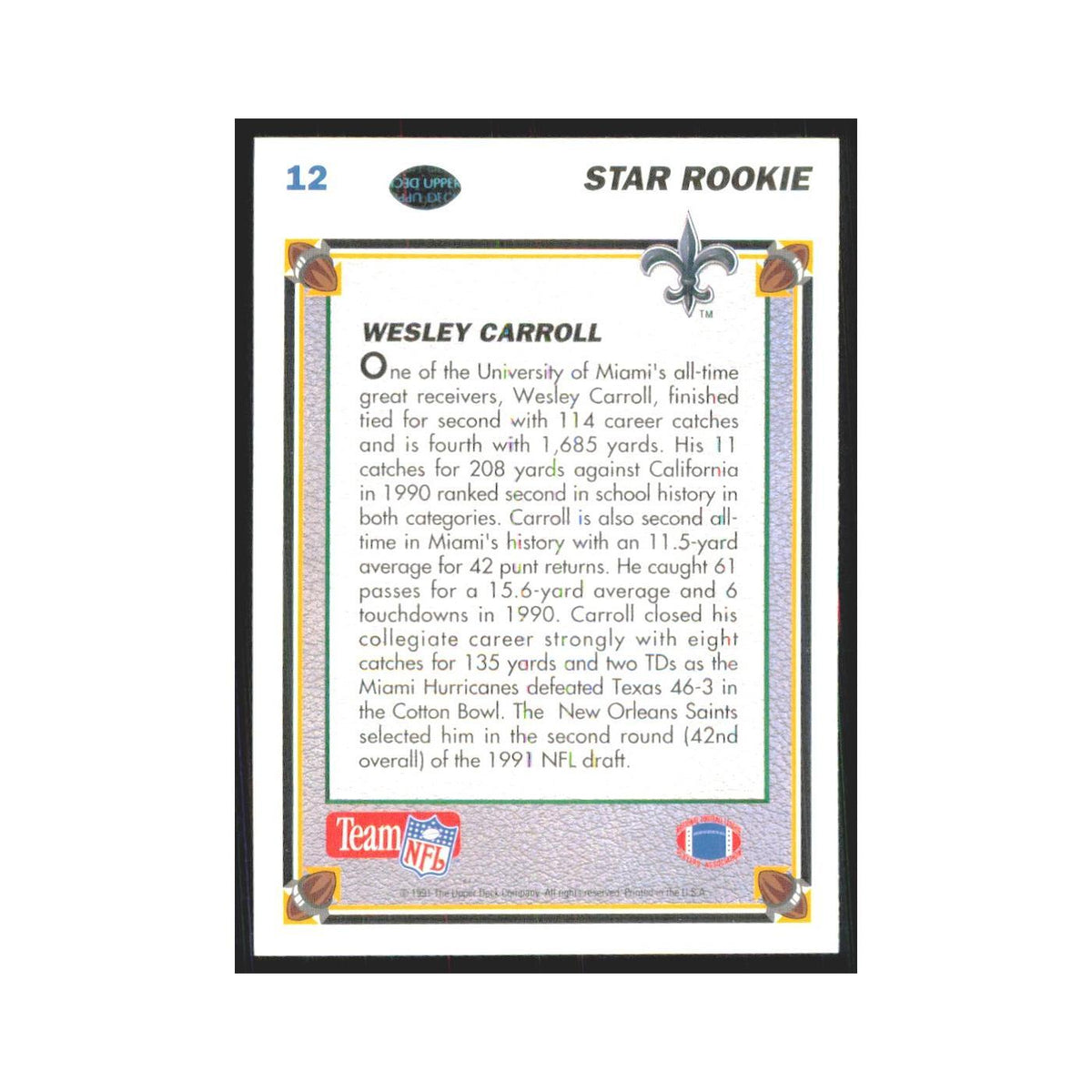 1991 Upper Deck Wesley Carroll RC Saints #12