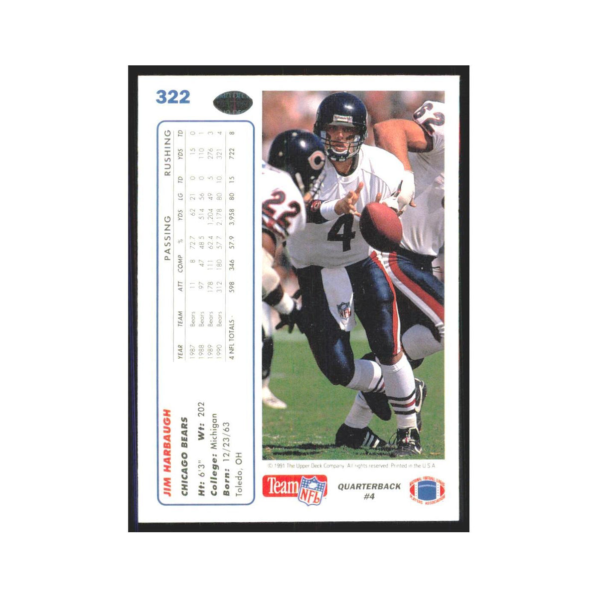1991 Upper Deck Jim Harbaugh Bears #322
