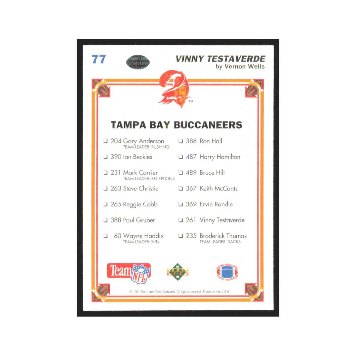 1991 Upper Deck Vinny Testaverde Buccaneers #77