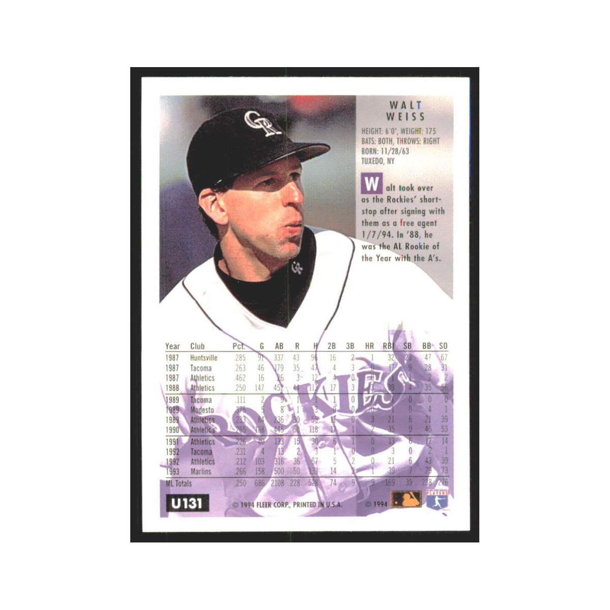 Walt Weiss 1994 Fleer Update #U131 Colorado Rockies Baseball Card NM