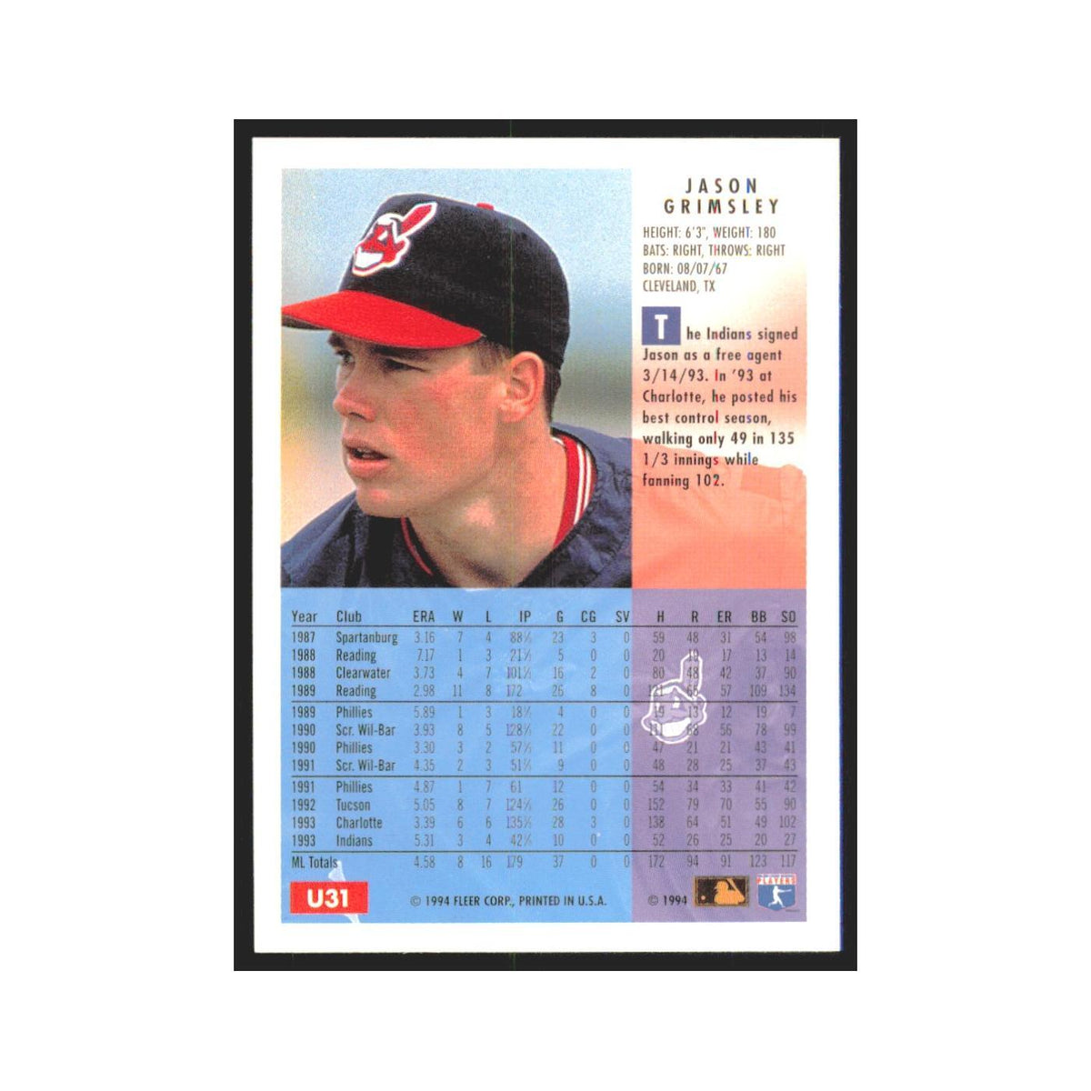 Jason Grimsley 1994 Fleer Update #U31 Cleveland Indians Baseball Card NM