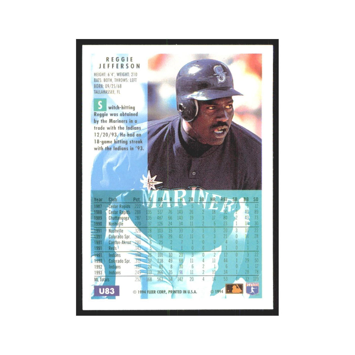 Reggie Jefferson 1994 Fleer Update #U83 Seattle Mariners Baseball Card NM